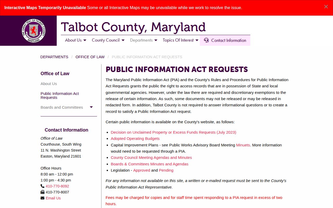 Talbot County released inmate record request page